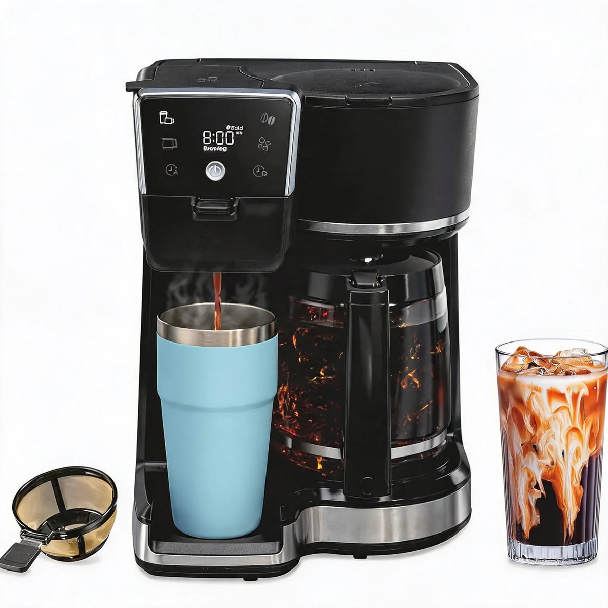 2-Way 12 Cup Programmable Drip Hot and Iced Coffee Maker & Single Serve Coffee Machine, AquaFlow Showerhead, Glass Carafe, A