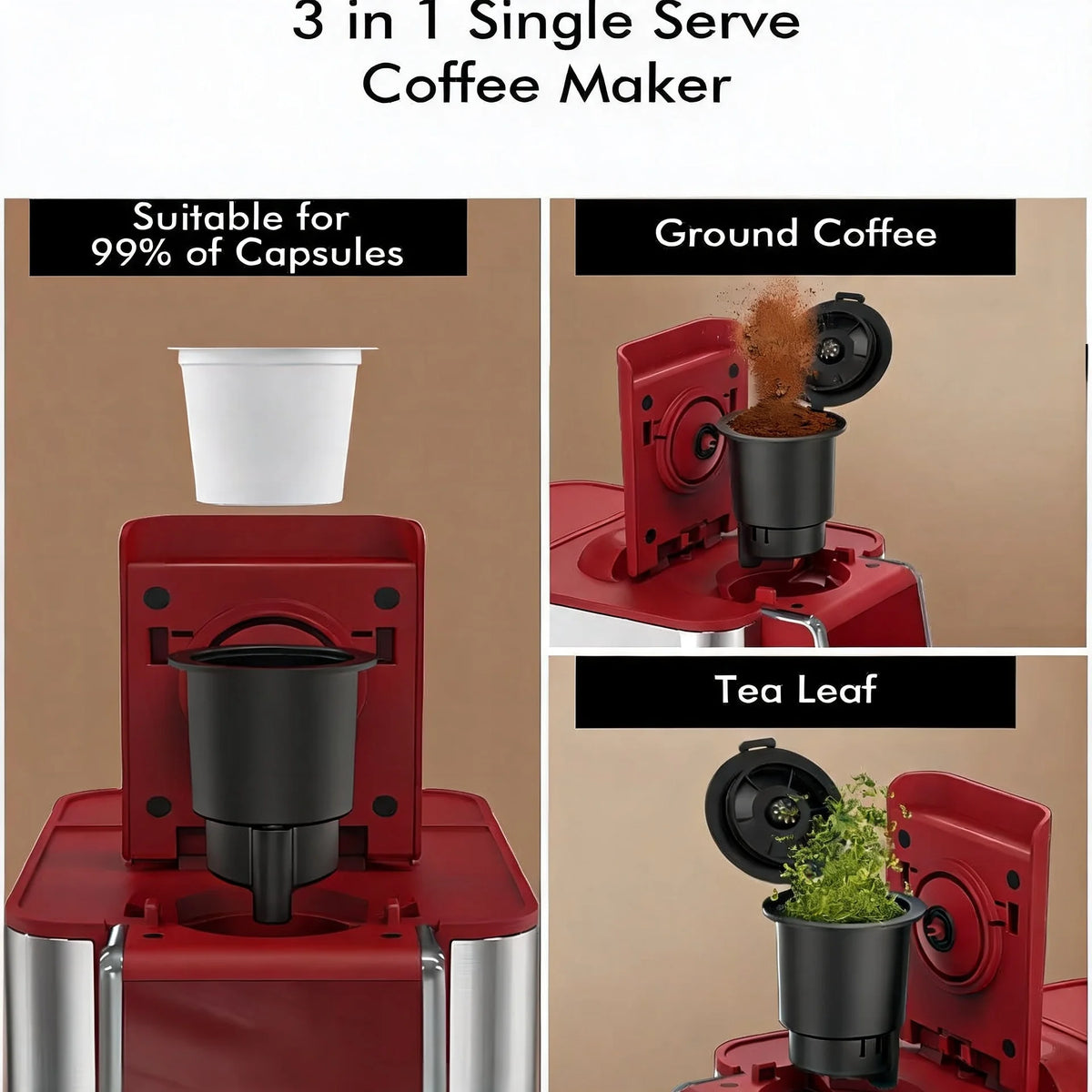 Single Serve Coffee Machine, 3-in-1 Pod Coffee Maker for K-Pod Capsule, Ground Coffee, and Leaf Tea with 6-10 oz Cup Size, 5